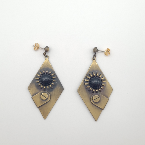Art Deco with a Steam Punk Vibe -  Gold and Black Geometric Earrings - Picture 5 of 10
